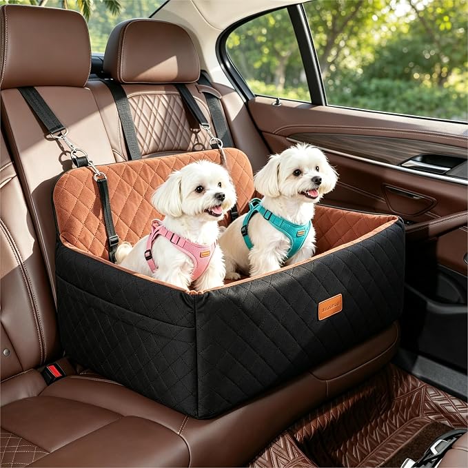 HEGGCOOE Dog Car Seat for Medium/Large Dogs, Pet Booster Seat for Under 55 lbs or 2 Small Dogs, Detachable & Washable Dog Car Bed for Backseat with 2 Safety Leashes(Black/Brown) - Image 7