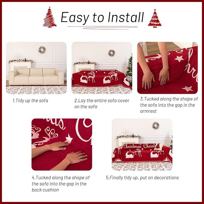 MYSKY HOME Christmas Couch Cover Sofa Cover, Couch Covers for 3 Cushion Couch Sofa Pet Friendly, L Shaped Couch Cover, Sectional Couch Covers Non Slip Furniture Protector for Kids, Dogs, 71"x134", Red - Image 6