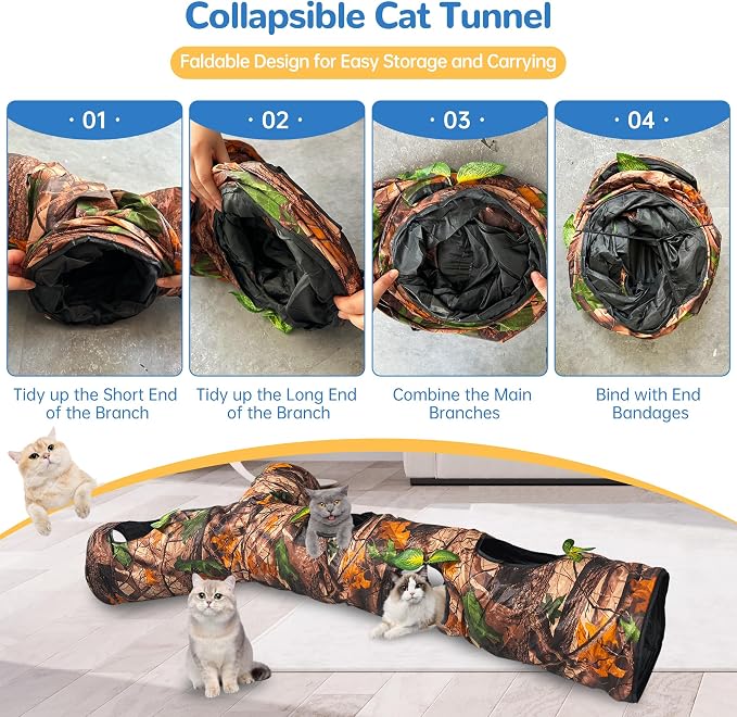 Foldable 3 Way Cat Play Tunnel for Indoor Cats,Cat Tunnel Toy | Camouflage Tree Bark Cat Tube with Peek Hole & Crinkle Paper ,Interactive Play Toy for Cat Kittens, Rabbits & Small Animals - Image 6