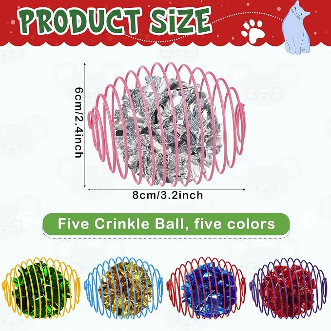 Jecery 5 Pcs Cat Toys Spring,Crinkle Ball,Multicolor | Interactive Metal Cat Toy, Stretchable Rolling Ball, for Indoor Cats, Colorful Playful Coils, Kitten Pet Supplies - Image 2