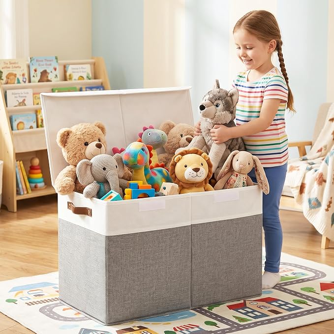 Bagnizer Large Toy Storage Box with Lids, Collapsible Sturdy Baby Storage Organizer Chest Bin Basket for Kids, Boys, Girls, Playroom, Nursery, Bedroom, Closet 25"x13"x16" (Gray and White) - Image 3