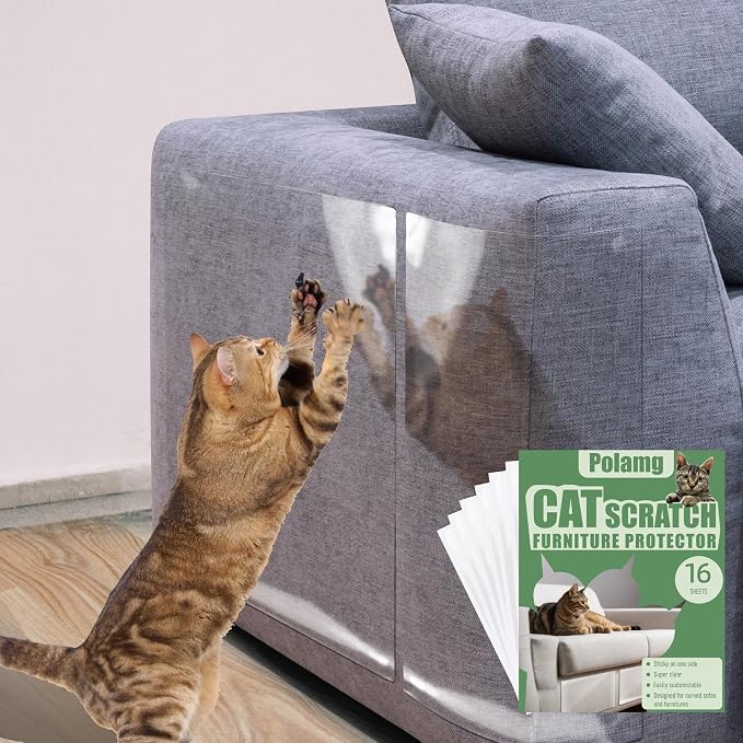 Cat Scratch Furniture Protector-16-Pack –Single-Sided, Heavy-Duty Self-Adhesive Tape, No-Residue for Couch, Doors & Walls - NO PINS by Polamg