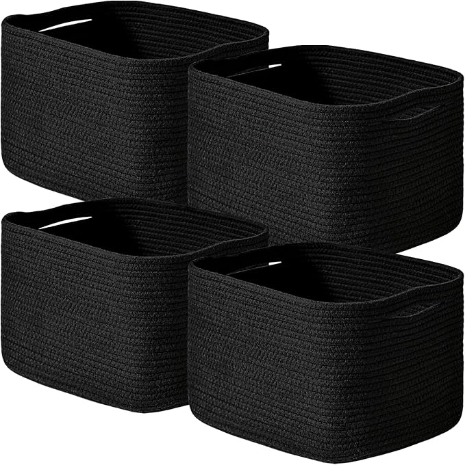 ICERZCZ Black Storage Baskets for Shelves, Small Storage Baskets for Organizing, Woven Cotton Rope Baskets for Storage, Book Basket, Decorative Shelf Basket, 12.5"Lx9.1''Wx7.9''H (4 Packs) Black by ICERZCZ
