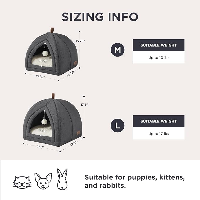 Bedsure 2in1 Cat Beds for Indoor Cats Cave for Kitten with Washable Pillow | 16in, Cat House Enclosed, Covered Cat Tent, Foldable Hideaway, Fluffy Ball, Anti Slip Bottom, Removable Cushioned ,Dark Grey - Image 5