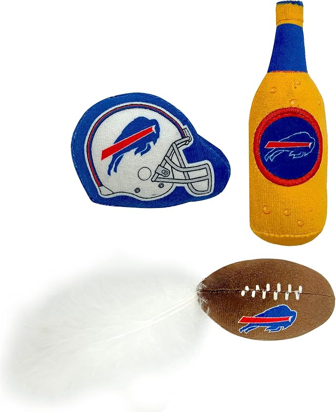 Best Plush CAT Toy - NFL Buffalo Bills Complete Set of 3 Piece Cat Toys Filled with Fresh Catnip. Includes: 1 Helmet Cat Toy, 1 Football Cat Toy with Feathers & 1 Beer Bottle. Beautiful Team Logos - Image 2