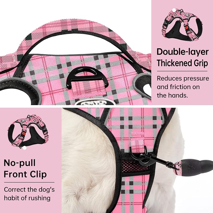 IVY&LANE No Pull Dog Harness with Leash Set, Reflective No Choke Pet Vest,Adjustable Oxford Dog Vest Harness with Easy Control Handle for Medium Lagre Dogs (Checkered Pink,M) - Image 5