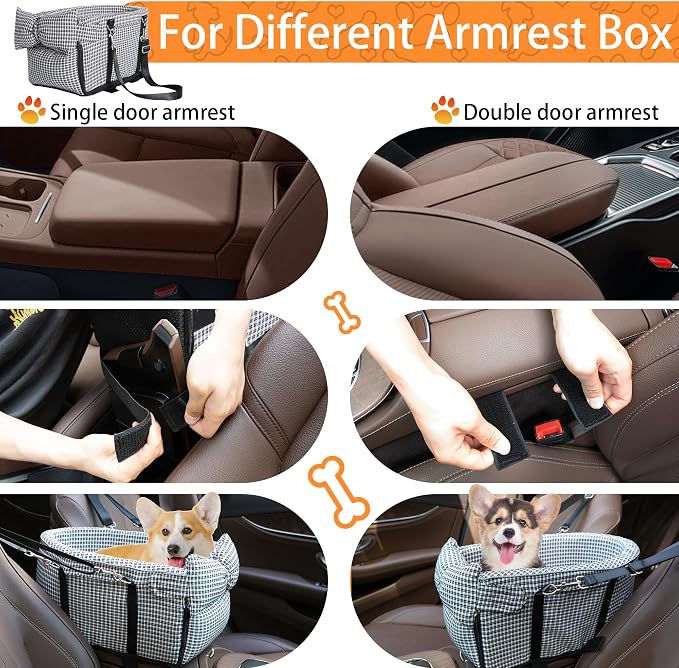Center Console Dog Car Seat Dog Bed for Car Console Portable Armrest Booster Seat Carrier for Small Medium Dogs Anti-Collapse for Puppy Pet Up to 15 Lbs（Grid Black） - Image 4