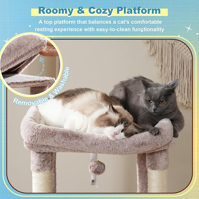 Hey-brother Cat Tree Tower with Plush Steped Condos, Big Platform, MPJ071MU | 50 Inches Tiered Climbing Cat House with Sisal Scratching Posts, Spacious Hammock, Cozy Basket for Indoor Cats, Muchroom - Image 5