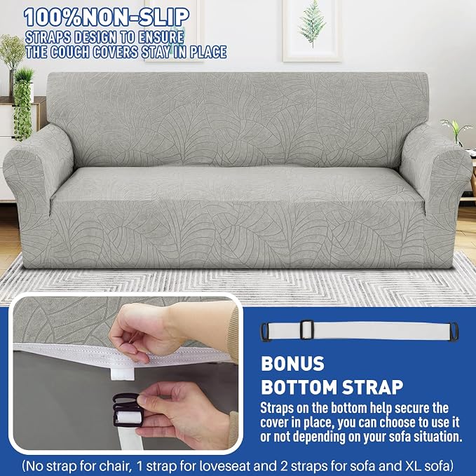 YEMYHOM Couch Cover Latest Jacquard Design High Stretch Sofa Covers for 2 Cushion Couch, Pet Dog Cat Proof Loveseat Slipcover Non Slip Elastic Furniture Protector (Medium, Begonia Leaf Light Grey) - Image 5