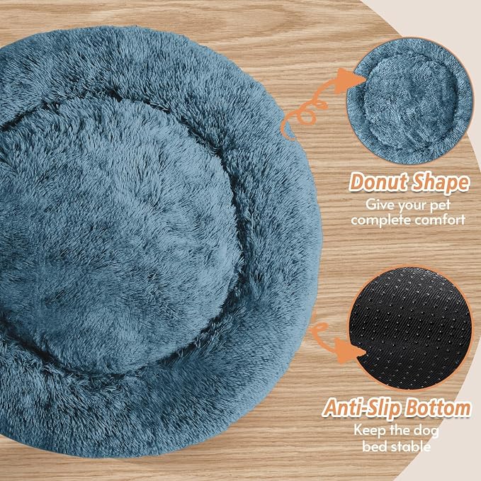 JOLLYVOGUE Calming Dog Bed Medium Size Dog, 31in Donut Washable Medium Pet Bed, Anti-Slip & Anti-Anxiety Fluffy Faux Fur Round Dogs Bed, Fits up to 45 lbs Pets (Blue) - Image 3