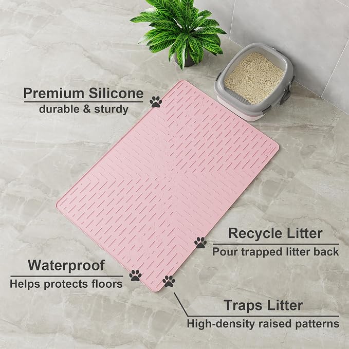 XL Cat Litter Mat, 37.5x25.2 Silicone Trapping Mat Pink | for Kitty Litter Box, Easy Clean, BPA Free Rubber, Center Litter Collection, Easy Pour-Back, Waterproof, Odor-Resistant - Image 2