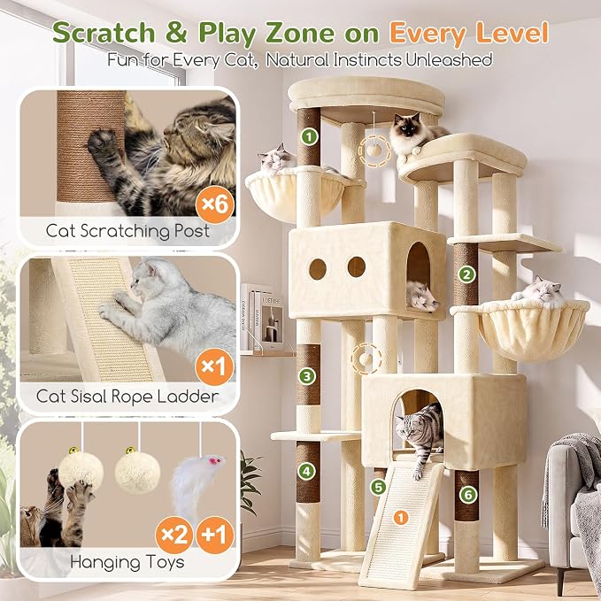 Globlazer Sturdy Cat Tower for Indoor Cats 20lbs, 76in, S76E, Beige | Heavy Duty Cat Tree for Adult Big Cats Maine Coon with Scratching Post, 2 Extra Large Top Perch, 2 Padded Cat Condos - Image 5