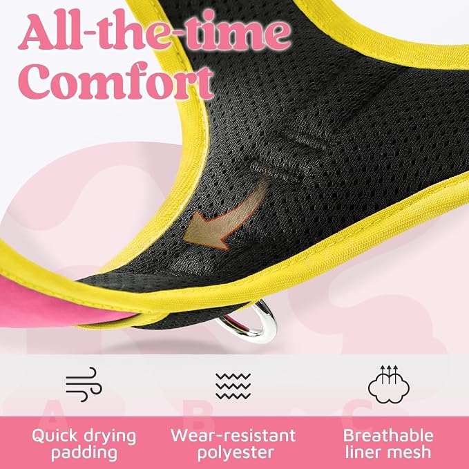 rabbitgoo Dog Harness Medium Sized, No Pull 3 Buckles Easy On & Off | Soft Padded, Walking with Control Handle, Adjustable and Reflective, Pink & Yellow, Medium - Image 7