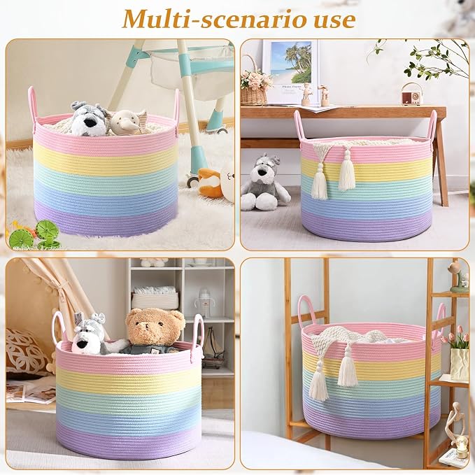 67L Large Rainbow Blanket Basket, Cotton Rope Baby Laundry Hamper with Handles, Kids Toy Basket for Classroom & Nursery, Soft Round Stuffed Animal Storage, Dog Toy Bin - 20"x13", Light Rainbow - Image 9
