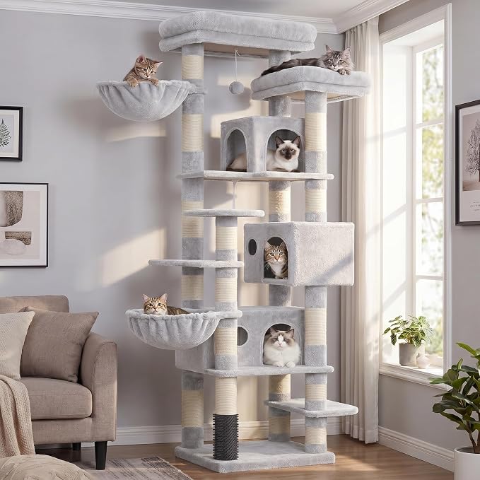 Hey-brother Cat Tree, Multi-Level Tower with 3 Condos, Hairbrush, MPJ035-MW | 74 Inches XL Large Scratching Posts for Indoor Cats and Kittens, 2 Wide Platforms, 2 Plush Baskets, Toy Balls, Light Gray by Hey-brother