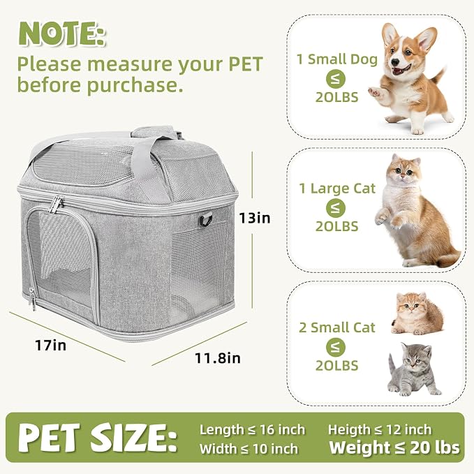 Soft Cat Carrier Up to 20 Lbs, Washable Pet Travel Bag for Kitten Puppy | Breathable Mesh, Medium to Big Pets Small Dog,Soft-sided Cloth Animal Crate for Car Travel Carrying, Safe for Vet Visit,Grey - Image 2