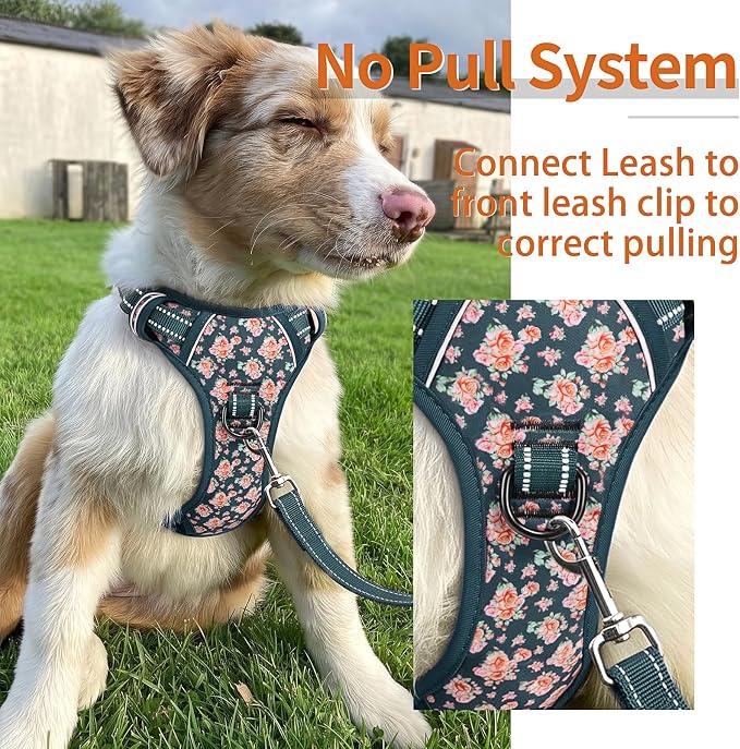 HEELE Dog Harness, Reflective, No Pull No Choke, Flower Blackish Green, M | Front Clip for Medium Dog Harness, 2 Metal Rings with Handle, Adjustable, Soft Breathable Padded Pet Vest for Night Walking - Image 5