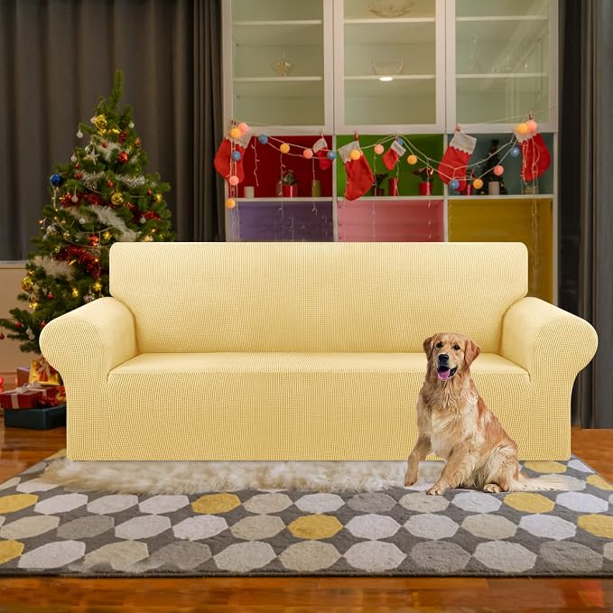 KEKUOU Stretch Couch Covers for Sofa, 3 Cushion Couch Slipcover,Champagne | 1-Piece Washable Sofa Cover Pet Friendly(78"-94") Furniture Protector Soft Jacquard, Elastic Bottom for Dogs & Kids - Image 2