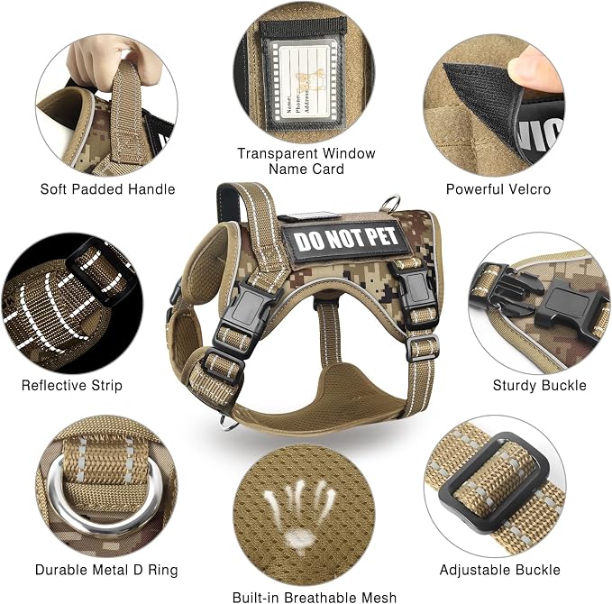 Tactical Dog Harness and Leash Set with 10 Patches for Large Dogs | Heavy Duty Adjustable No Pull Service Dog Vest with Dog Seat Belt,Reflective Easy Walk for Training Walking Hiking Camo XL - Image 6