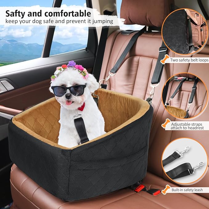 NEEZUKAR Dog Car Seat for Small Medium Dogs,Detachable Washable Dog Booster Seat Under 30lbs, Pet Car Seat Travel Bed with Storage Pockets and Dog Safety Belt(Black/Brown) - Image 3