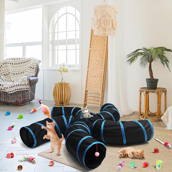 Poen 21 Pcs Cat Tunnel for Indoor Set Collapsible 5 Way Tubes with 20 Pcs Cat Kitten Toys Interactive Feather Toy Mouse Crinkle Balls Tube for Puppy Kitten Rabbit(Blue Black) - Image 6