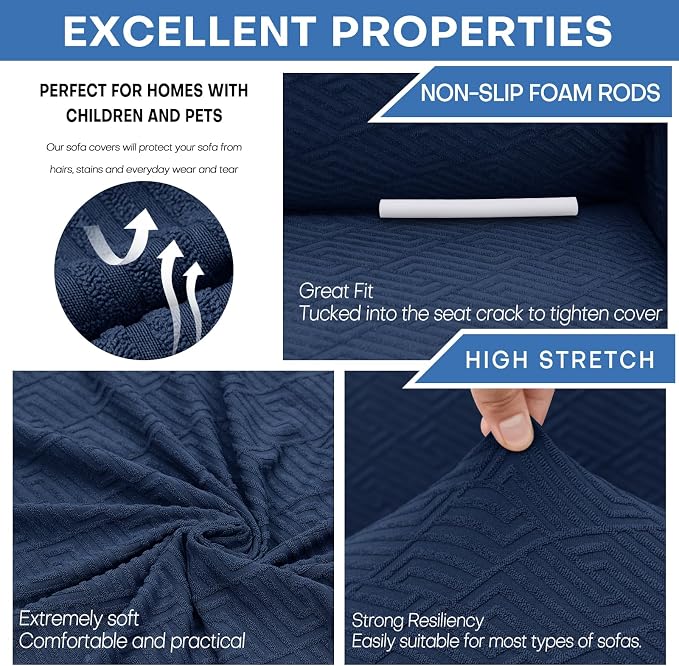 XINEAGE Stretch Jacquard XL Sofa Cover, Non Slip Sofa Slipcover for Dog | High-Stretch Fabric. Wear-Resistant, Pet Friendly. Easy Install & Washable for Living Rooms, Offices.Navy Blue - Image 5
