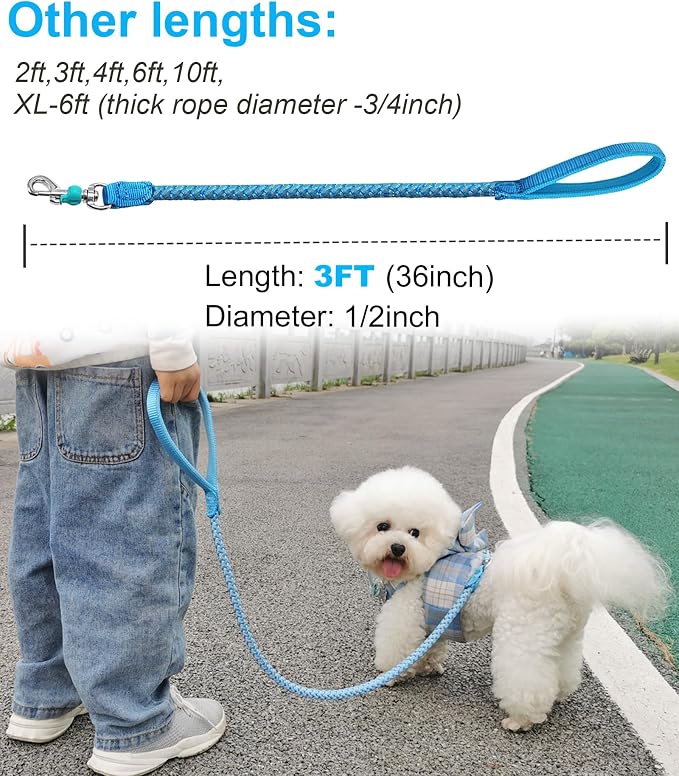 Reflective Dog Leash 2/3/4/6/10ft Braided 1/2" Strong Nylon Rope | 3FT Sky blue Dog Leash for Large Medium Small Dogs Walking Training Leads - Image 2