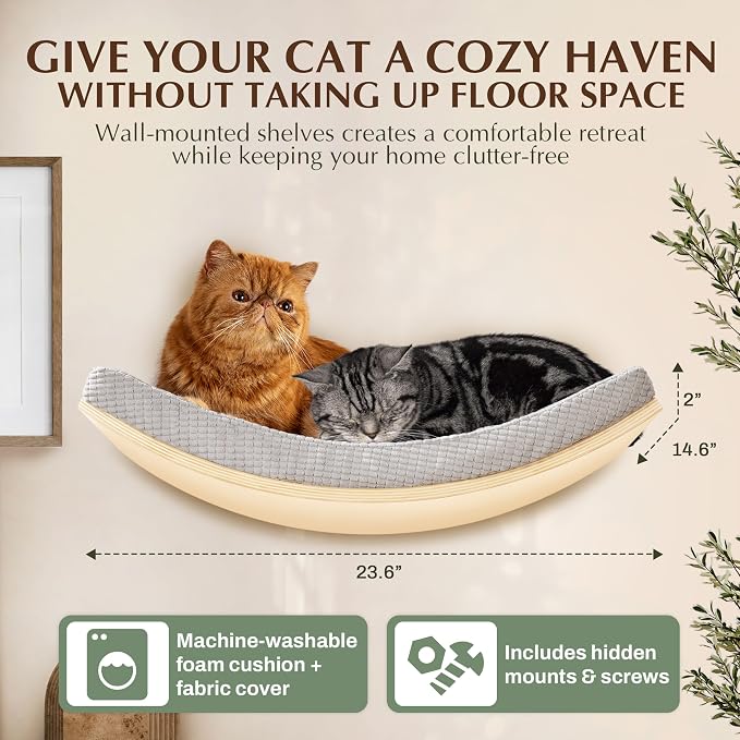 Extra Large 23.6”×14.6” CALLICO HAVEN- Stylish Cat Wall Shelves with Curved Design, Modern Wall-Mounted Cat Tree Hammock with Soft Cushion, Sturdy/Hidden Mounts, Washable Cover, Sleek Design -C Shape - Image 2