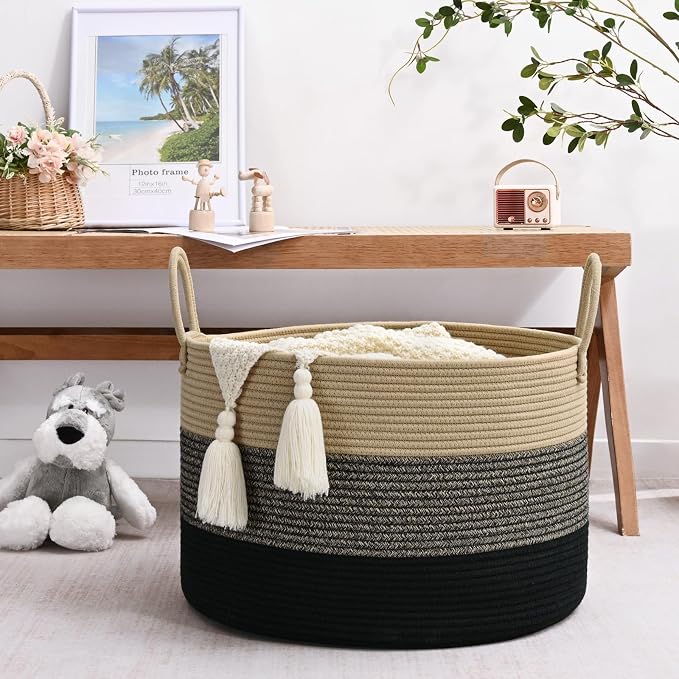 67L Large Woven Blanket Basket, Cotton Rope Baby Laundry Hamper with Handles, Kids Toy Basket for Classroom & Nursery, Soft Round Stuffed Animal Storage, Dog Toy Bin - 20"x13", Black & Brown - Image 2