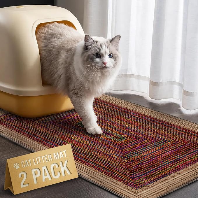 Cat Litter Mat 2 Pack, 24"x36" Litter Trapping Mats for Litter Box, Non-Slip, Super Absorbent & Urine Proof, Machine Washable, Reusable Pee Pads for Cats, Dogs, Rabbits and Guinea Pigs by Verdasun