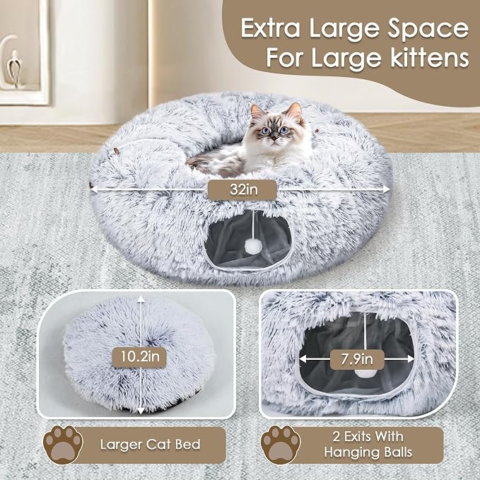 Baseola Fuzzy Cat Tunnel Bed for Indoor Cats, 2-in-1 Interactive Cat Toys | Peekaboo Cat Cave with Washable Mat, Collapsible Cat Play Tunnel for Kittens & Small Pets, Plush Cat Donut Bed Tunnel, Grey - Image 3