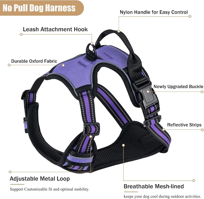No Pull Dog Harness, Adjustable Reflective Front Clip Pet Vest with Easy Control Handle for Medium Large Dogs (Purple,S) - Image 2