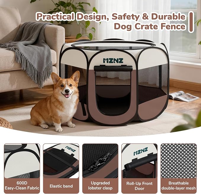 Dog Cat Small Animal Puppy Playpen Crate, Medium, Brown | Portable Pop Up Pet Cage Enclosure Tent Kennel Indoor Outdoor with Carrying Case, No Assembly, Camping Use - Image 7