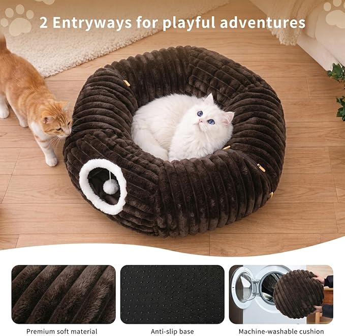 Dogpals Cat Tunnel Bed Cave 33" Lx10 Wx10 H for Indoor Cats (Coffee) | Washable Cozy Cushion, Soft Striped Plush Fabric, Hideaway Peekaboo Cave for Kittens, Puppies, Rabbits & Small Pets - Image 4