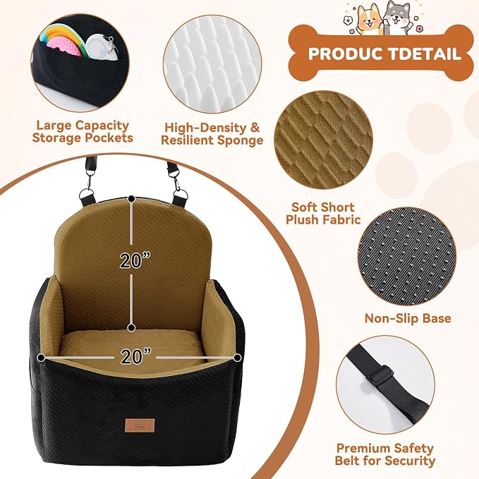Dog Car Seat for Medium/Small Dogs, Dog Booster Car Seat, Pet Booster Seats Up to 40lbs with Waterproof Layer, 3 Storage Pockets and Safety Belt (Black/Brown) - Image 8