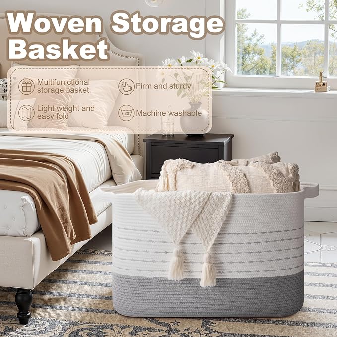 OIAHOMY 108L Extra Large Blanket Basket, 25”x16”x16” Rectangle Woven Cotton Rope Baskets for Living Room, Toy Storage with Handle- Gradient Grey - Image 5