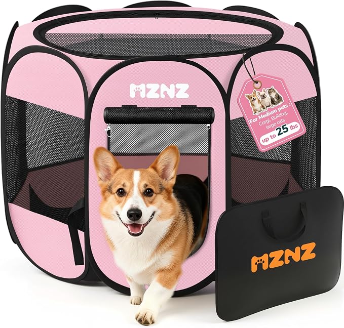 Dog Cat Small Animal Puppy Playpen Crate, Medium, Whole Pink | Portable Pop Up Pet Cage Enclosure Tent Kennel Indoor Outdoor with Carrying Case, No Assembly, Camping Use by MZNZ
