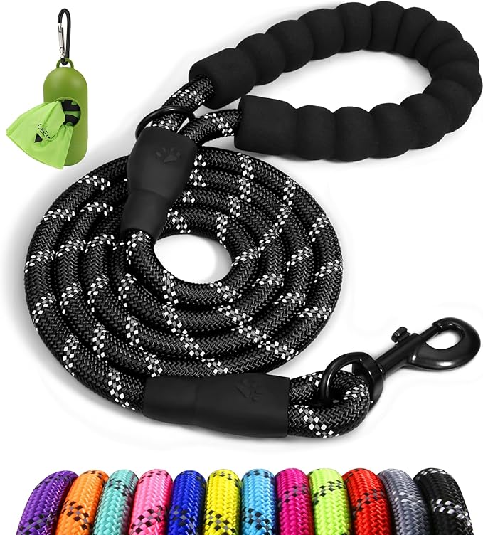 Taglory Rope Dog Leash for Medium Large Dogs, 4 FT Padded Handle, Black | Climbing Rope for Strong Pullers, Reflective for Night Walks and Training, Comfortable Grip, Anti-tangle Swivel Clip 1/2 inch by Taglory