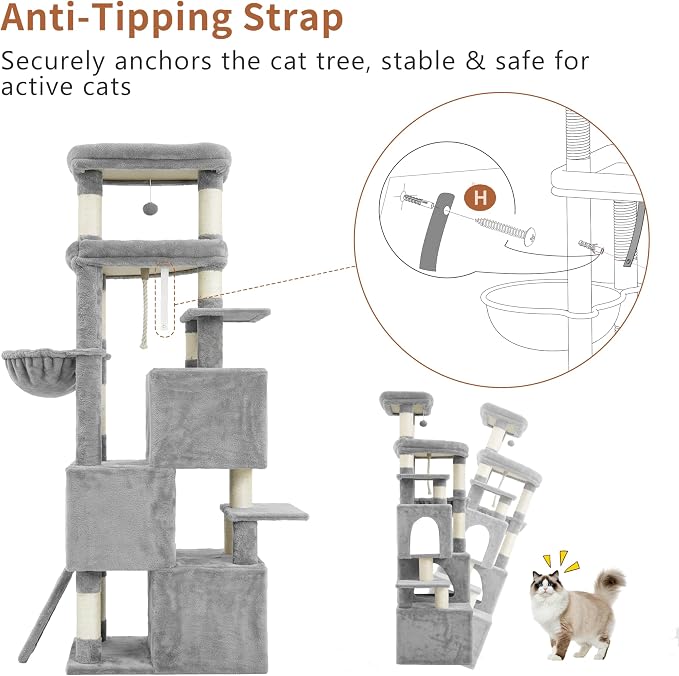 Heybly Cat Tree, 74-Inch Streamlined Cat Tower for Large Cats HCT061W | Cat Furniture with 3-Tier Stacked Condos, Large Perch, Sturdy Base, Full Sisal Scratching Posts & Ramp, Light Gray - Image 8