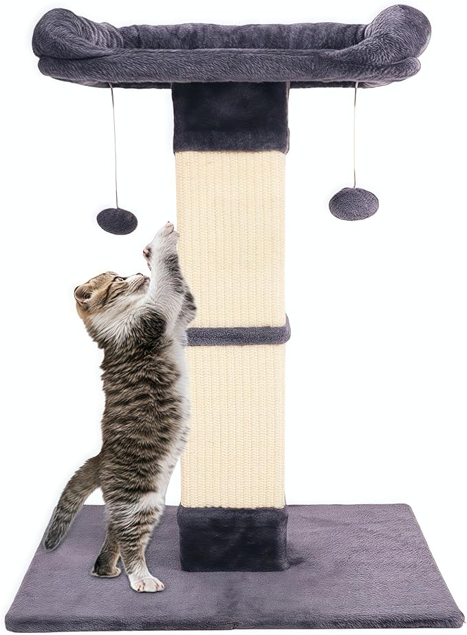 34" Cat Scratching Post for Indoor Cats, Sisal Cat Scratcher with Large Plush Perch, Vertical Posts with Elevated Bed and with Two Dangling Balls, Removable & Washable Cover, Dark Grey by Runske