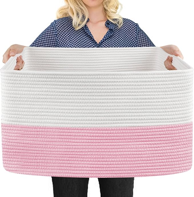 MEGASKET Large Pink Storage Basket, 22" x 17" x 12" Rectangle Cotton Rope Bin for Organizing, Woven Blanket storage for Living Room, Kids Toy Bin Box, Decorative Nursery Storage, Pink Room Decor by MEGASKET
