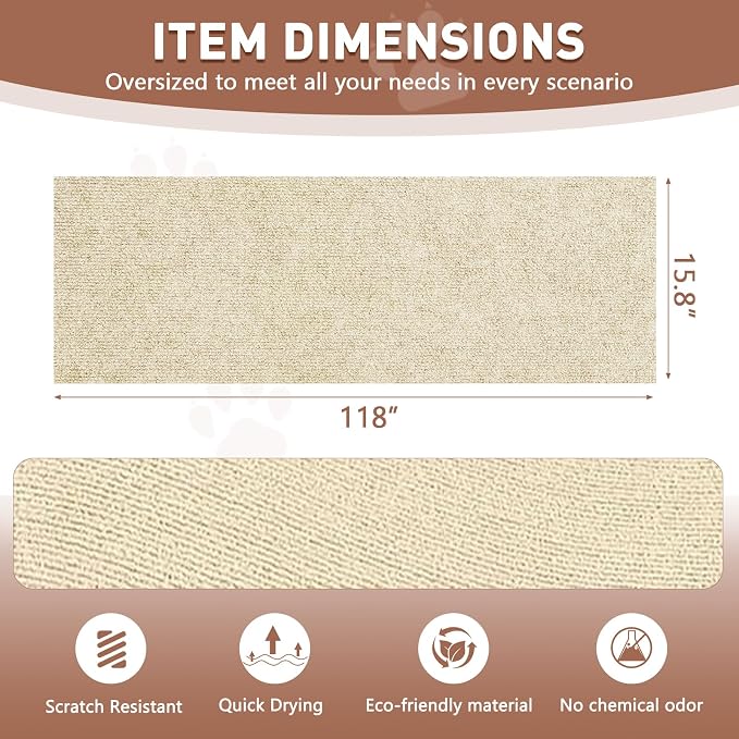 Cat Scratch Furniture Protector for Couch, Wall & Door Guard, Trimmable Self-Adhesive Scratch Pad, DIY Climbing Mat, Deterrent, Scratching Post Replacement (118''x15.8'', Khaki) - Image 2