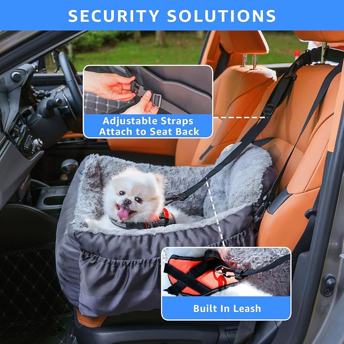 Oiilores Dog Car Seat for Small Dogs, Washable Pet Booster Car Seats with Clip-On Safty Leash, Comfy Deluxe Plush Carseat with Storage Pockets, Puppy Travel Carrier Bed for Dogs Under 25 lbs, Grey - Image 2
