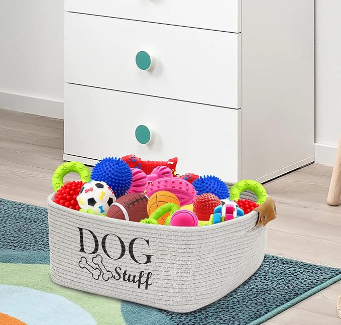 Geyecete Square Dog toy basket storage Cotton Rope Storage Basket Pet/Pet Toy And Accessory Storage Bin Doy Toy Box-Gray - Image 7
