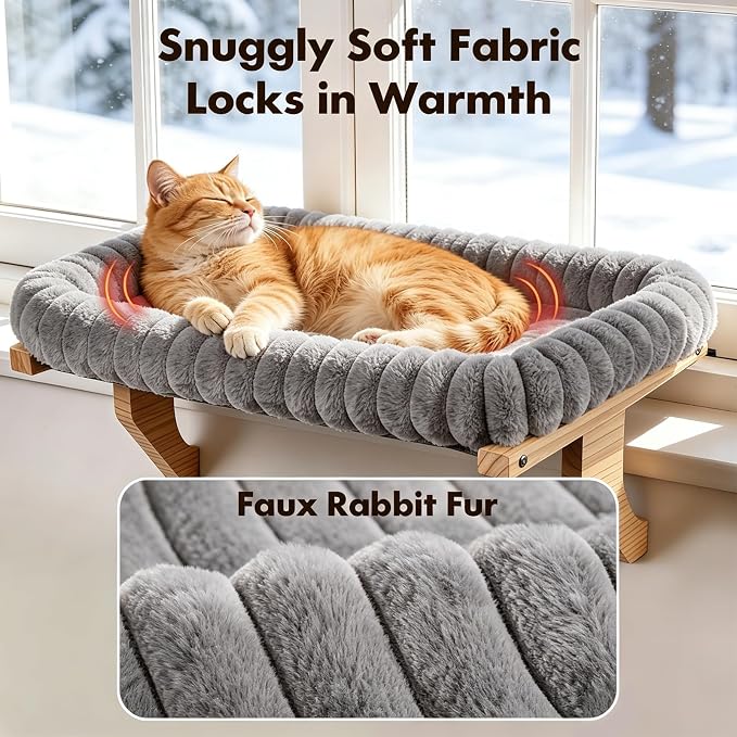 Zoratoo Cloud-Cuddle Cat Perch for Window Sill with Zipper Cushion, L Gray | 24.4’’x18’’, Removable for Machine Wash, Fluffy Plush Bolster, Sturdy Metal Frame for Large Cats up to 40lbs, Easy to Adjust - Image 2