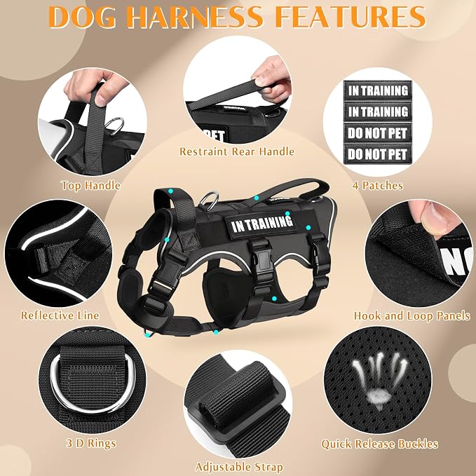WINSEE Escape Proof Dog Harness with Double Handle+4 Removable Patches | Service Working Molle Harness with Double Handle for Large Dogs, Tactical Pet Reflective Vest for Walking Hiking Hunting - Image 7