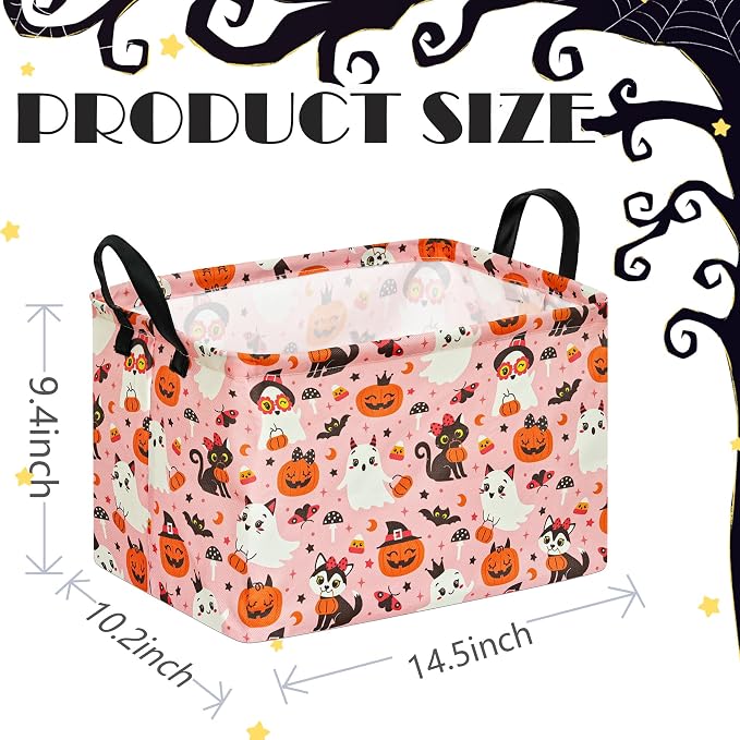 Pink Halloween Storage Basket for Girls, Pumpkin Ghost Bat Spider Design - Image 7