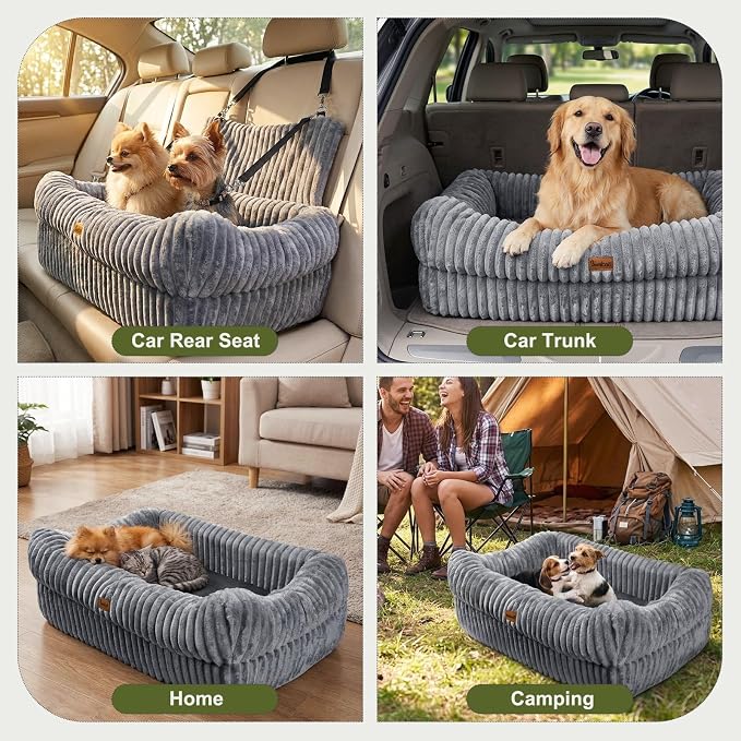 Pawaboo Dog Car Seat Bed, Memory Foam Booster for Medium/Large Dogs, Gray | Rear-seat pet travel bed with washable cover, safety leashes, thick cushion, and room for 2 small dogs - Image 8