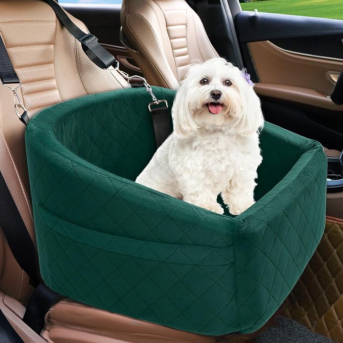 NEEZUKAR Dog Car Seat for Small Medium Dogs,Detachable Washable Dog Booster Seat Under 30lbs, Pet Car Seats Travel Bed with Storage Pockets and Safety Belt(Green) by NEEZUKAR