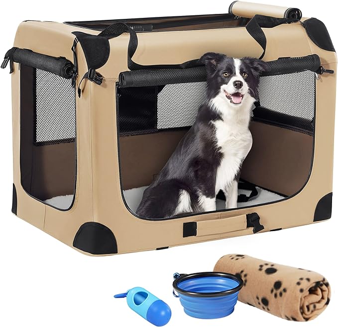 Petprsco Portable Dog Crates for Medium Dogs, 32"x23"x23" Travel Dog Crate | Collapsible Dog Crate with Plush Mat, Soft Blanket & Foldable Bowl, Strong Fabric, 4-Sided Vents, 3 Doors, Indoor/Outdoor Use by Petprsco